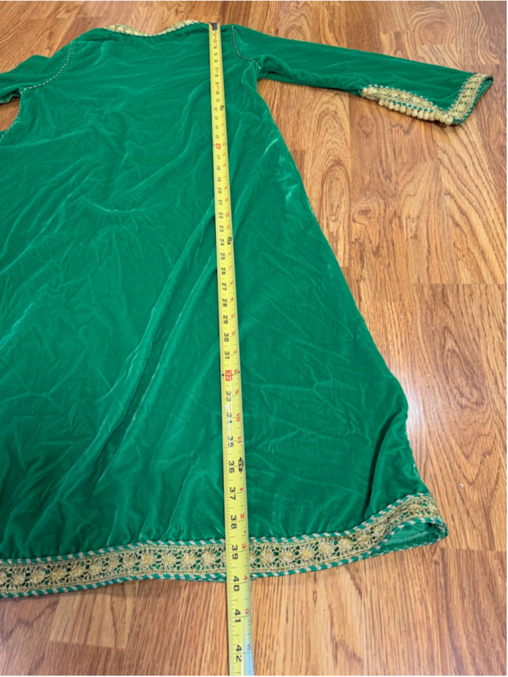 Emerald Green Velvet Kaftan Caftan Gold Metallic Trim Small - Picture 7 of 10